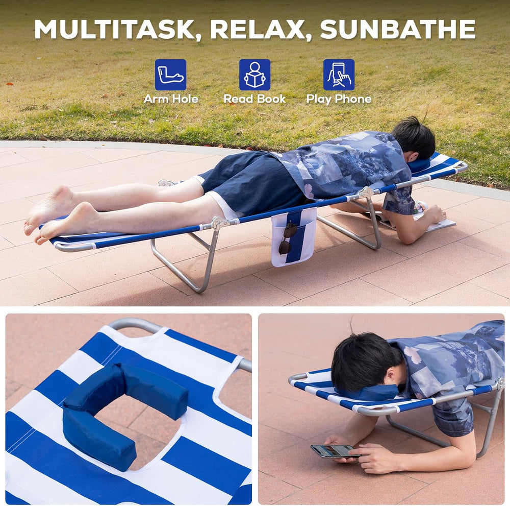 Romswi 2PK Folding Tanning Beach Chair with Face Hole, 5-Position Reclining S...