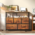 DUMOS TV Stand, Dresser with 5 Fabric Storage Drawers, Media Console Featuring Open Shelf, Fabric Storage Cabinet with Charging Station, Compact Entertainment Unit for Bedroom, Living Room, Brown