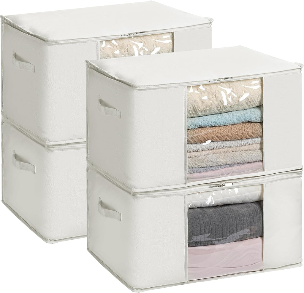 TYEERS Large Storage Bags with Zipper and Clear Window, Cotton Blended Fabric Storage Containers for Seasonal Clothes and Bedding, 23.6x15.7x13.8 Inches, 4-Pack, Beige