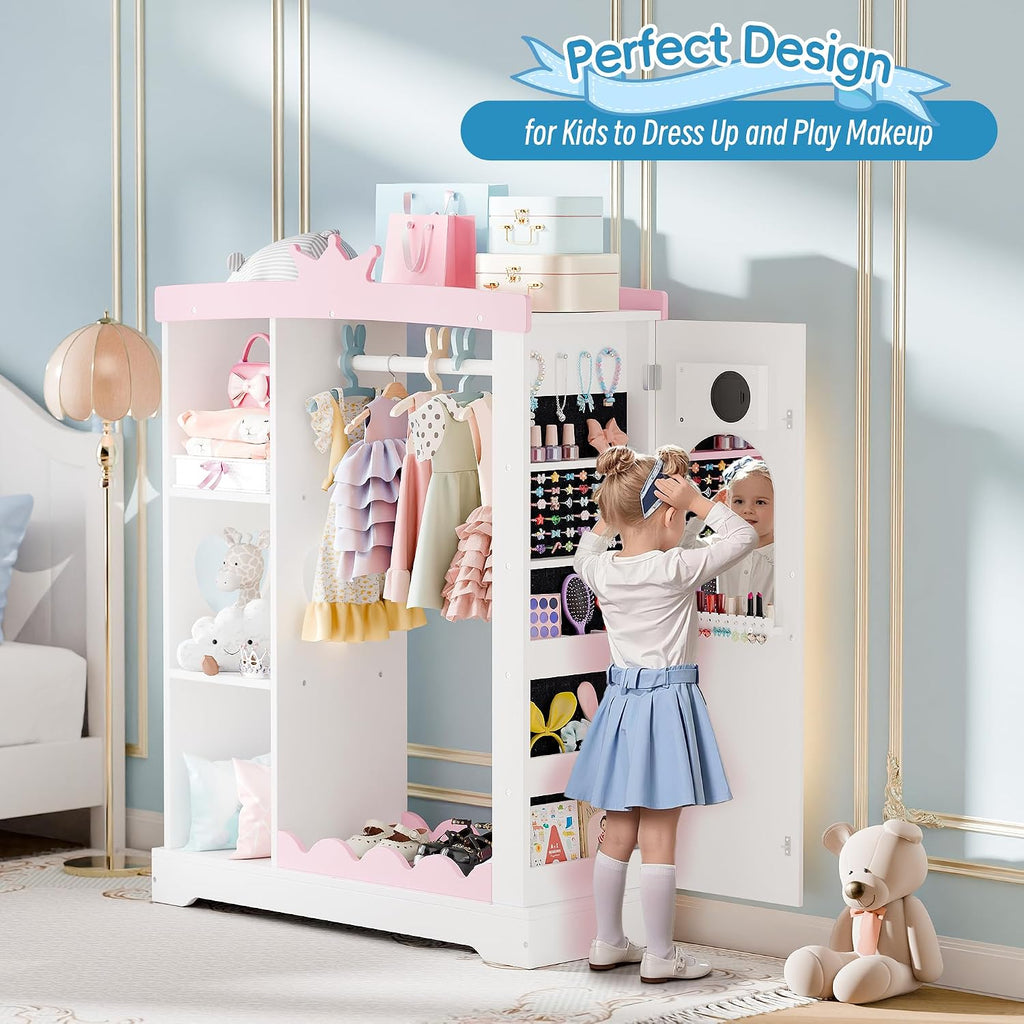 Betterhood Kids Closet with Jewelry Cabinet, Princess Dress Storage with Shelves&Mirror, Costumes Wardrobe Closet with Hanging Rack for Toddlers,Organizer for Bedroom (White)