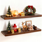 24" Rustic Walnut Wood Floating Shelves, 8 Inch Deep Wall Shelves for Home Decor, Wall Mounted Floating Shelf with Invisible Bracket, Heavy-Duty Storagefor Living Room, Bedroom, Kitchen, Set of 2