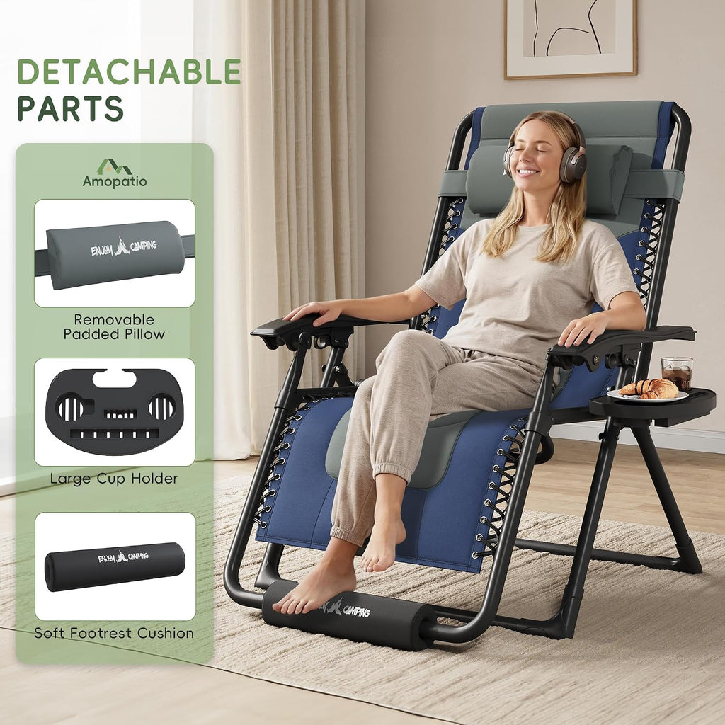 Amopatio XL Padded Zero Gravity Chairs Foldable Zero Gravity Lounge Chair Outdoor Portable Reclining Chair with Removable Cup Holder/Headrest/Footrest