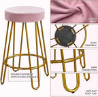 Yaheetech Bar Stools Set of 2, Velvet Round Counter Stools, Backless Counter Height Bar Chairs with Golden Legs for Kitchen Dining Room Pub Cafe, Pink