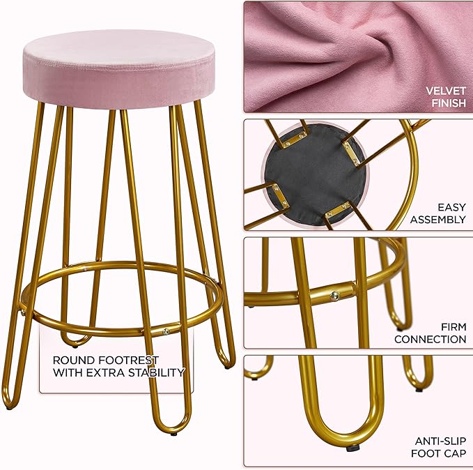 Yaheetech Bar Stools Set of 2, Velvet Round Counter Stools, Backless Counter Height Bar Chairs with Golden Legs for Kitchen Dining Room Pub Cafe, Pink