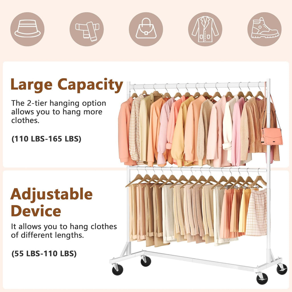 Hoctieon Double Rod Clothes Racks with Z-Base, Adjustable Clothing Rack, Standing Clothes Rack, Metal Clothing Racks for Hanging Clothes, Rolling Garment Rack, White