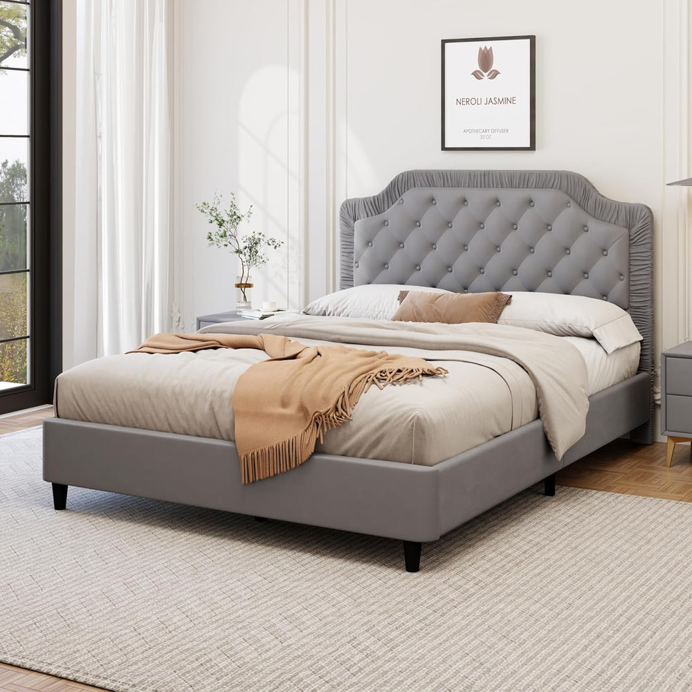 King Size Upholstered Bed with Ruched and Button Tufted Headboard, No Box Spr...