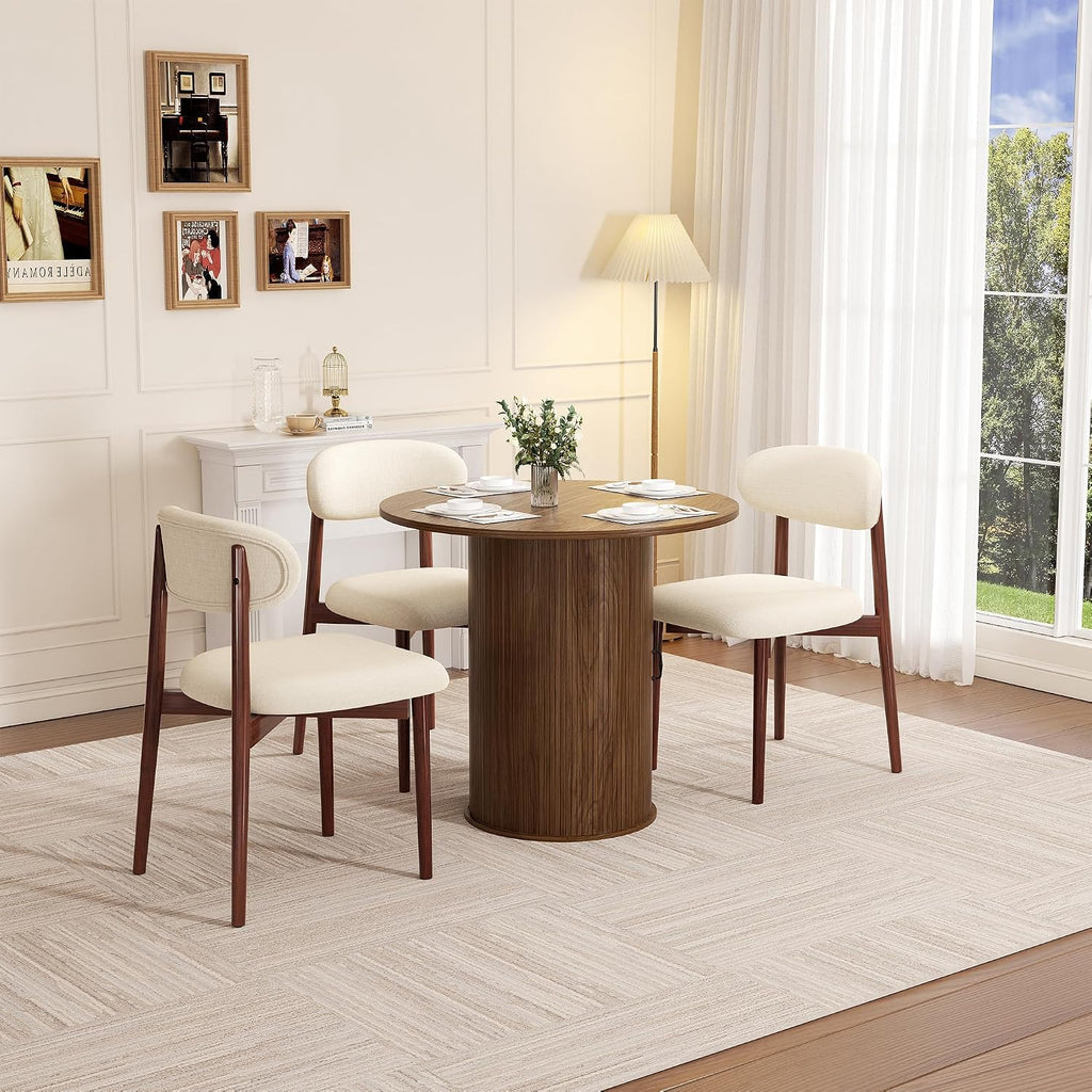 31.5 inch Round Dining Table for 2, Small Dinner Table with 2-Layer Storage Shelf, Morden Circle Kitchen Table with Wood Strip Base and Slide Door for Home Dining Room, Living Room, Walnut