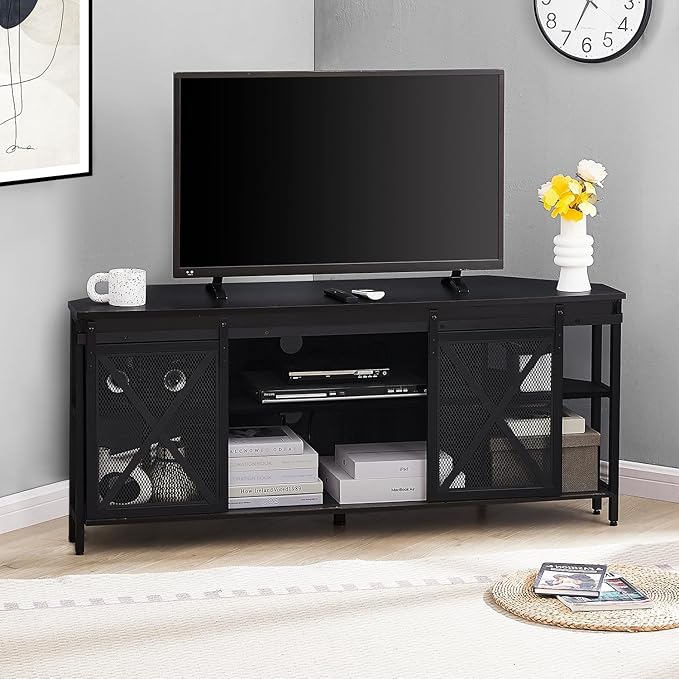 HOMISSUE Corner TV Stand for 55 Inch TV, Rustic Corner Entertainment Center with Storage, Industrial Media Console Table with Sliding Barn Door, Entertainment Center for Living Room, Black