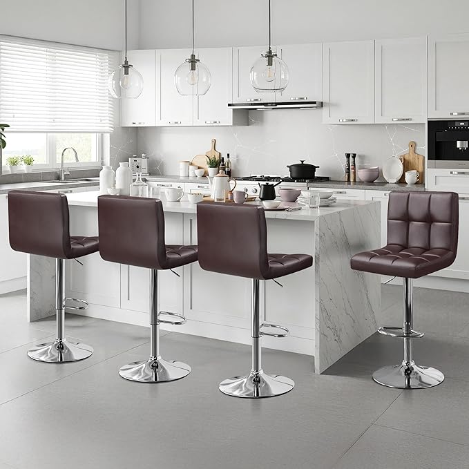 Yaheetech Bar Stools Set of 4 - Modern Adjustable Kitchen Island Chairs Counter Height Barstools Swivel PU Leather Chair 30 inches,X-Large Base and Seat, Brown