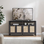 SICOTAS Rattan TV Stand for Television up to 120 Inch - Large Entertainment Center with Storage and Open Shelves, Boho Media TV Console Cabinet with Doors and Adjustable Shelf for Living Room