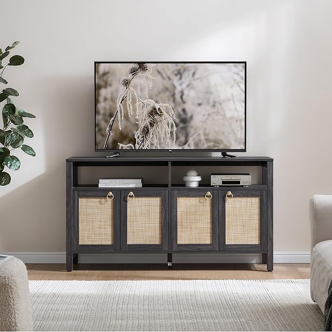 SICOTAS Rattan TV Stand for Television up to 65 Inch - 29.5" Tall Entertainment Center with Storage and Open Shelves,Boho Credenza TV Console Cabinet with 4-Doors and Adjustable Shelf for Living Room