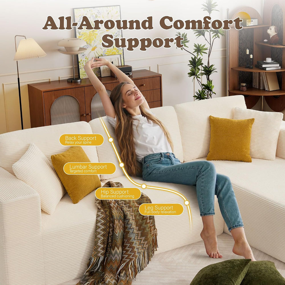 109” Cloud Sectional Couch, Modular Sofa with L-Shape Chaise, Deep Seat Cordu...