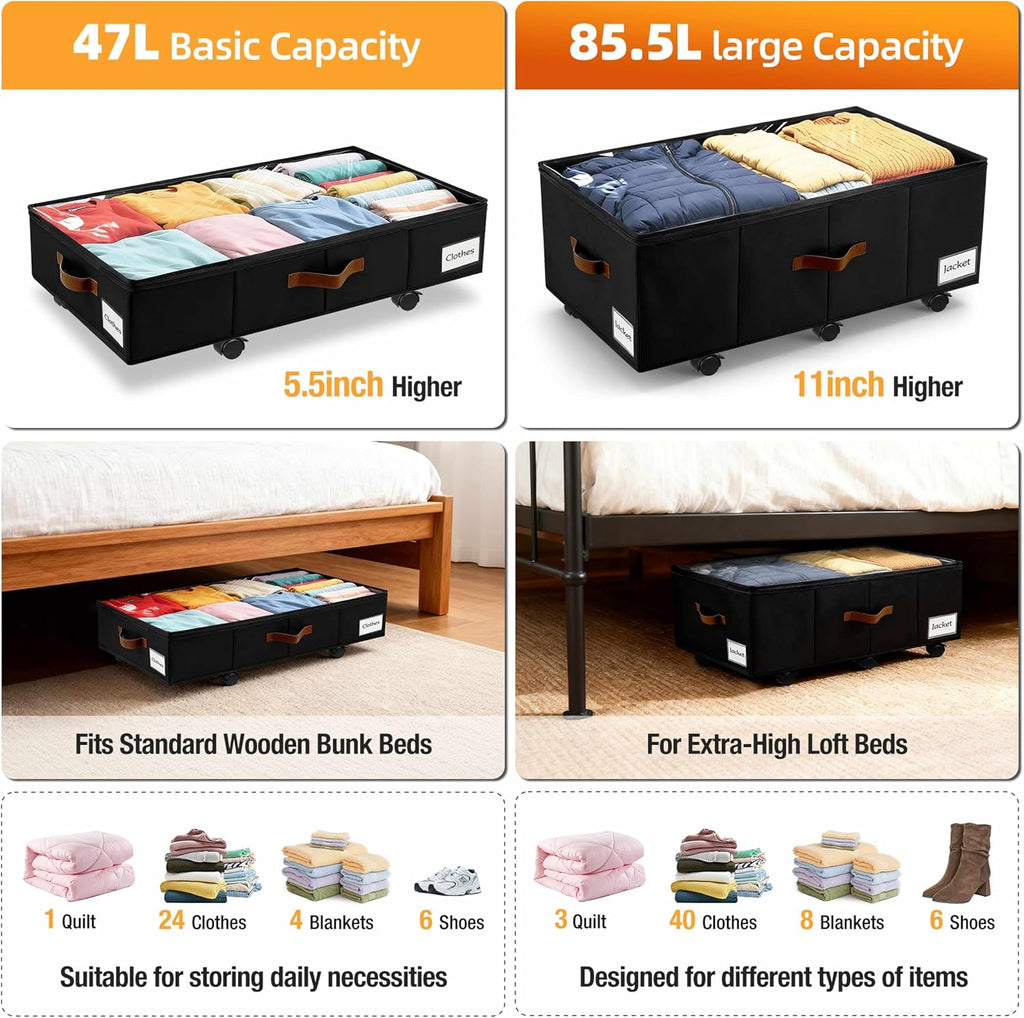 11 inch Under Bed Storage with Wheels, 2-Pack Underbed Storage Containers for College Dorms Bedrooms Organization, Foldable Under Bed Drawers for Comforters, Blankets, Clothes & Shoes, Black