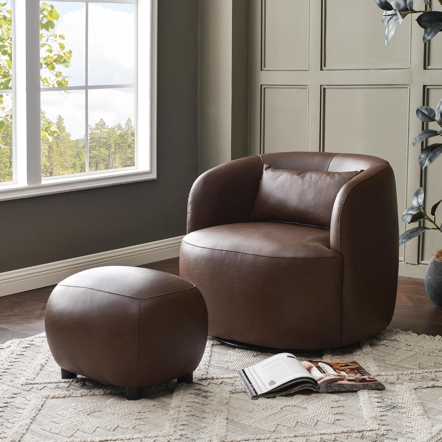 KINWELL 23" Wide Faux Leather Upholstered Ottoman, Mid-Century Modern Living Room Footrest with Soft Padded Seat, Footstool for Bedroom, Entryway or Living Room, Dark Brown