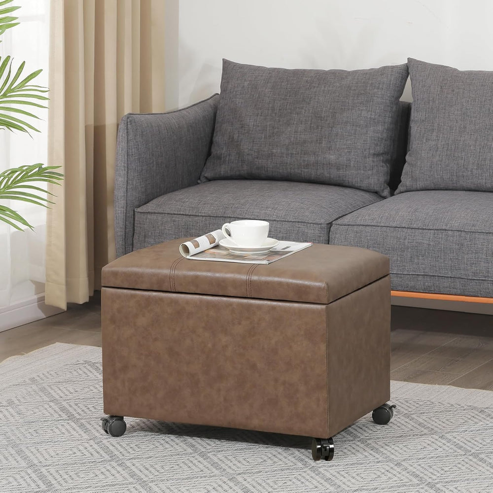 Asense 24-inch Rolling Storage Ottoman Bench, Upholstered Faux Leather Footre...