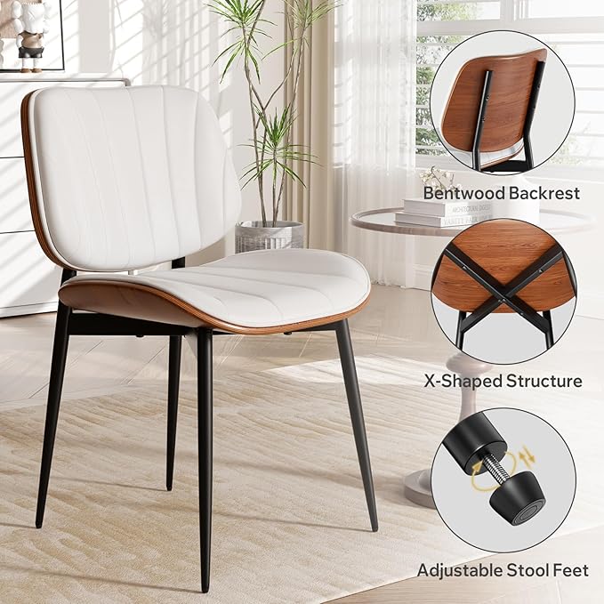 Dining Chair, Mid Century Modern Dining Room Chairs, Upholstered Faux Leather Kitchen Chairs with Walnut Bentwood Back and Metal Legs for Kitchen Dining Room Living Room, White