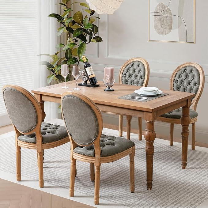 PU Leather Upholstered Dining Chairs Set of 4 French Country Round Back Kitchen Side Chairs with Nailhead Trim and Wood Legs for Dining Room, Kitchen, Restaurant(Pine Green)