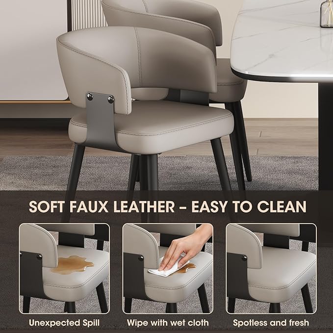 Modern Dining Chairs Set of 2, Upholstered Faux Leather Kitchen Side Chairs with Curved Open Back, Easy Assembly for Dining Room, Restaurant, Cafe, Warm Gray