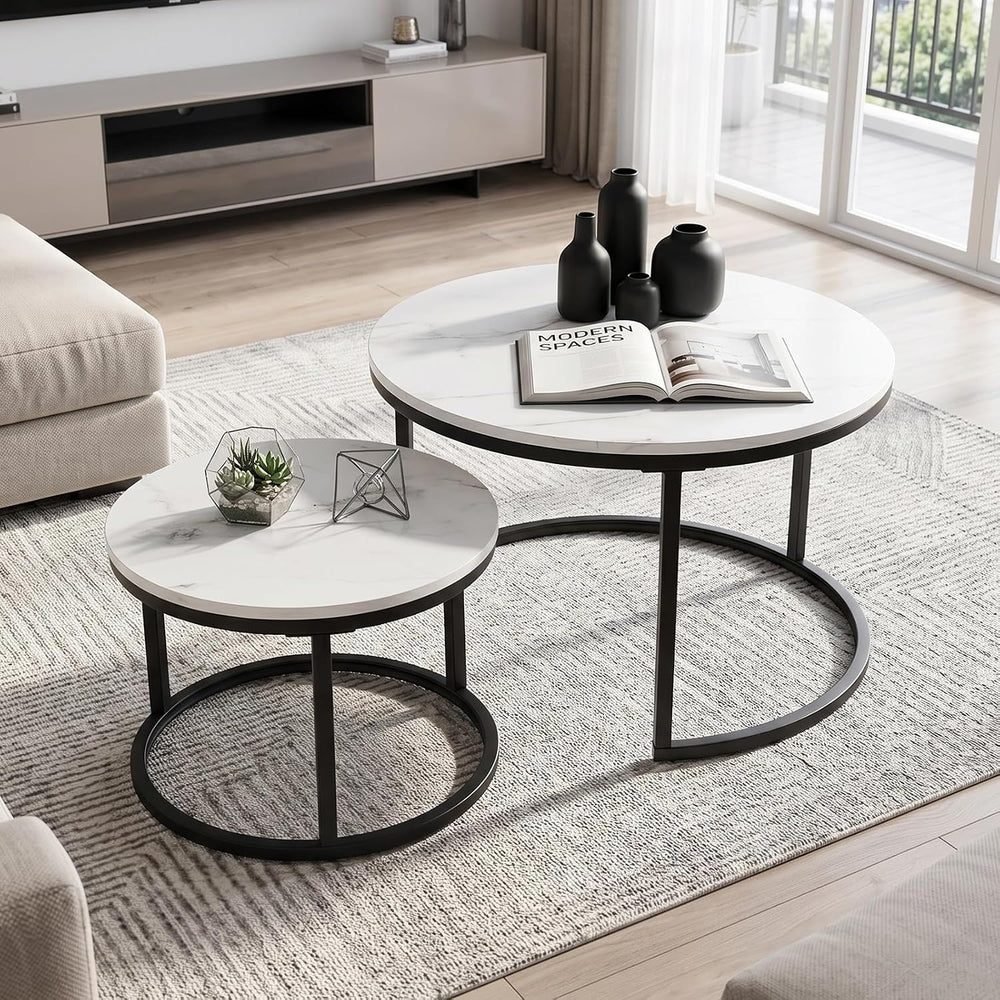 Nesting Coffee Table White Marble Pattern Wooden with Black Frame | 31.49&quo...