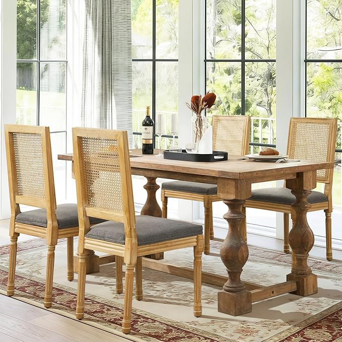 Dining Chairs Set of 4 for Dining Room & Kitchen, French Country Rattan Cane Back Chairs with Linen Upholstered Seat and S-Spring Support, Dark Gray
