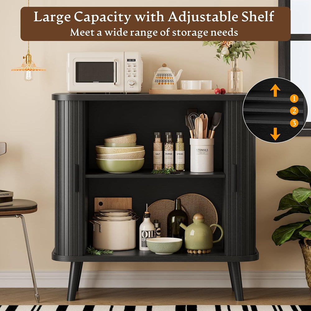 Xixini Fluted Sideboard Buffet Cabinet with Sliding Doors, 31.5", Black