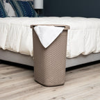 Mind Reader Slim Laundry Hamper with Lid, 60L Clothes Basket, Premium Wicker Design, Plastic, Tan