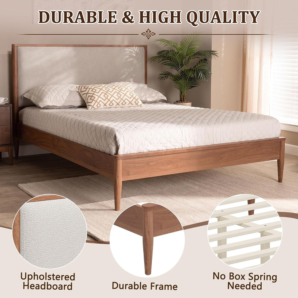 SOFTSEA Solid Wood Queen Bed Frame with Upholstered Headboard, Mid Century Mo...