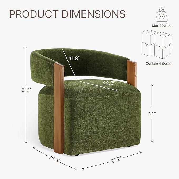 Upholstered Dining Chairs with Casters, Modern Barrel Side Armchair with Rollers & Wooden Armrest for Dining Room, Bedroom, Kitchen, Reading Room, Green, Set of 4