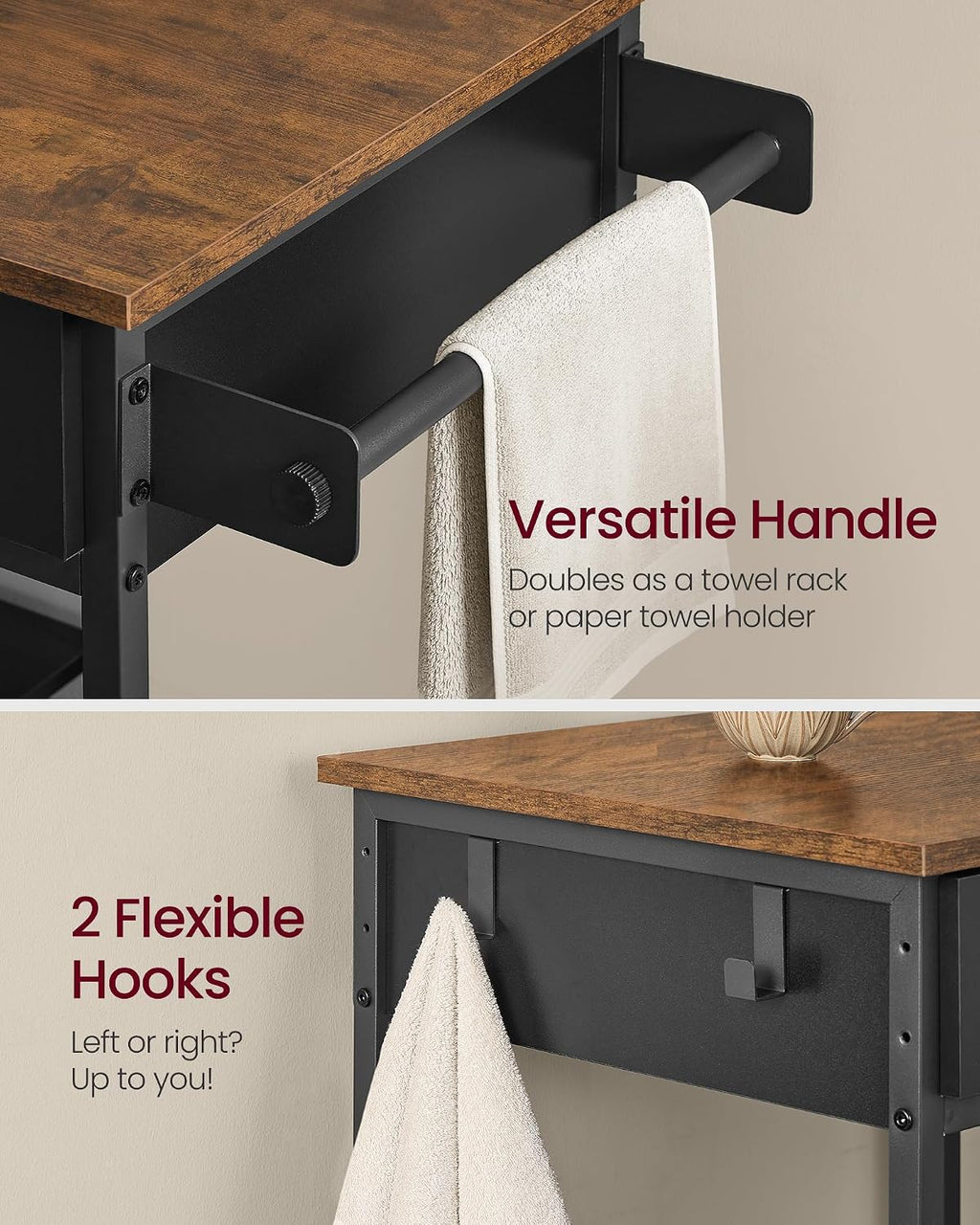 VASAGLE Kitchen Rolling Island, Mobile Kitchen Cart with Storage on Wheels, 17.7 x 38.8 x 35.4 Inches, Towel Rack, 2 Drawers, 2 Hooks, for Dining Room, Rustic Brown and Ink Black UKKI010KD01
