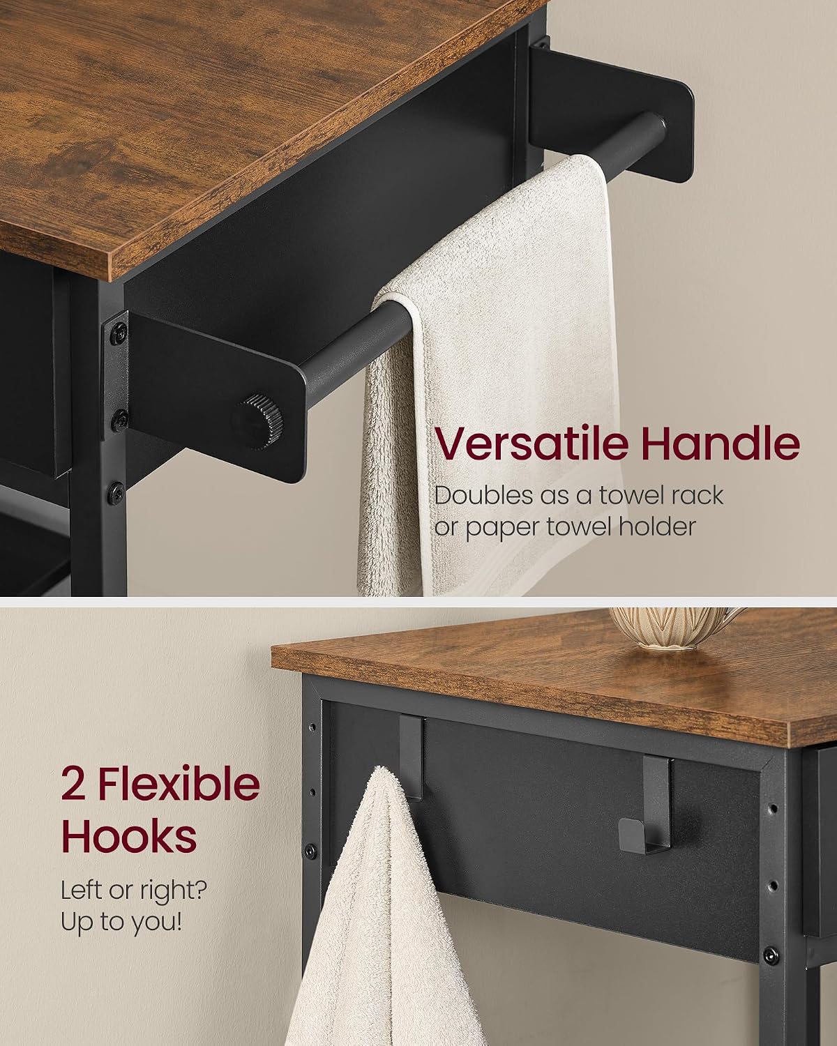 VASAGLE Kitchen Rolling Island, Mobile Kitchen Cart with Storage on Wheels, 17.7 x 38.8 x 35.4 Inches, Towel Rack, 2 Drawers, 2 Hooks, for Dining Room, Rustic Brown and Ink Black UKKI010KD01