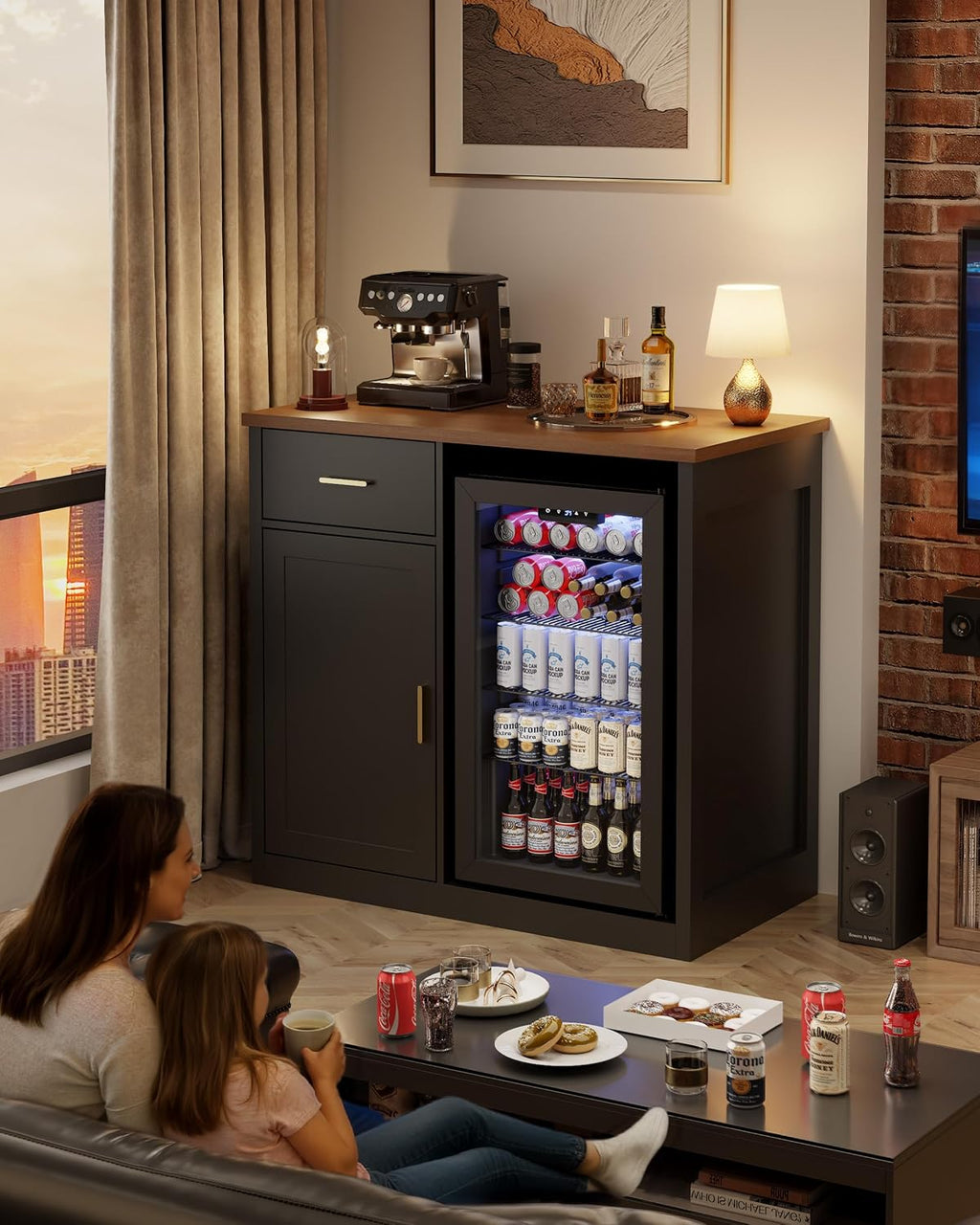 39" Mini Fridge Cabinet, Coffee Bar with Mini Fridge Space, Black | Coffee Bar Cabinet, Mini Fridge Compatible, Drawer Storage, Adjustable Shelf, Wood Grain Countertop, Living Room or Home Bar