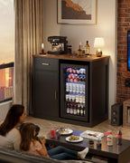 39" Mini Fridge Cabinet, Coffee Bar with Mini Fridge Space, Black | Coffee Bar Cabinet, Mini Fridge Compatible, Drawer Storage, Adjustable Shelf, Wood Grain Countertop, Living Room or Home Bar