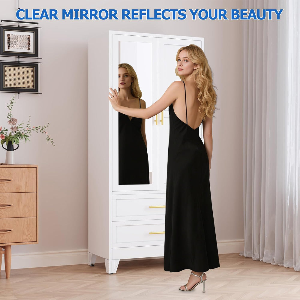 GAIOUS Steel Armoire Wardrobe Closet with Mirror and 2 Drawers 71" White...