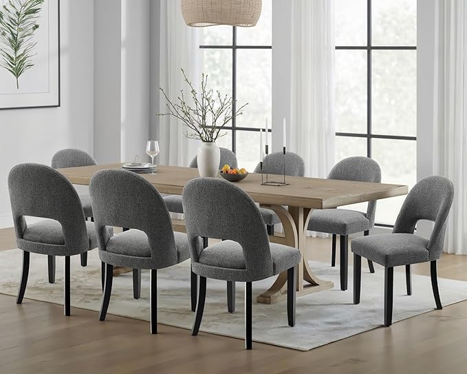 Upholstered Dining Chairs Set of 8, Mid Century Modern Dining Kitchen Chairs with Solid Wood Legs & Fabric Backret for Kitchen and Dining Rome, Grey