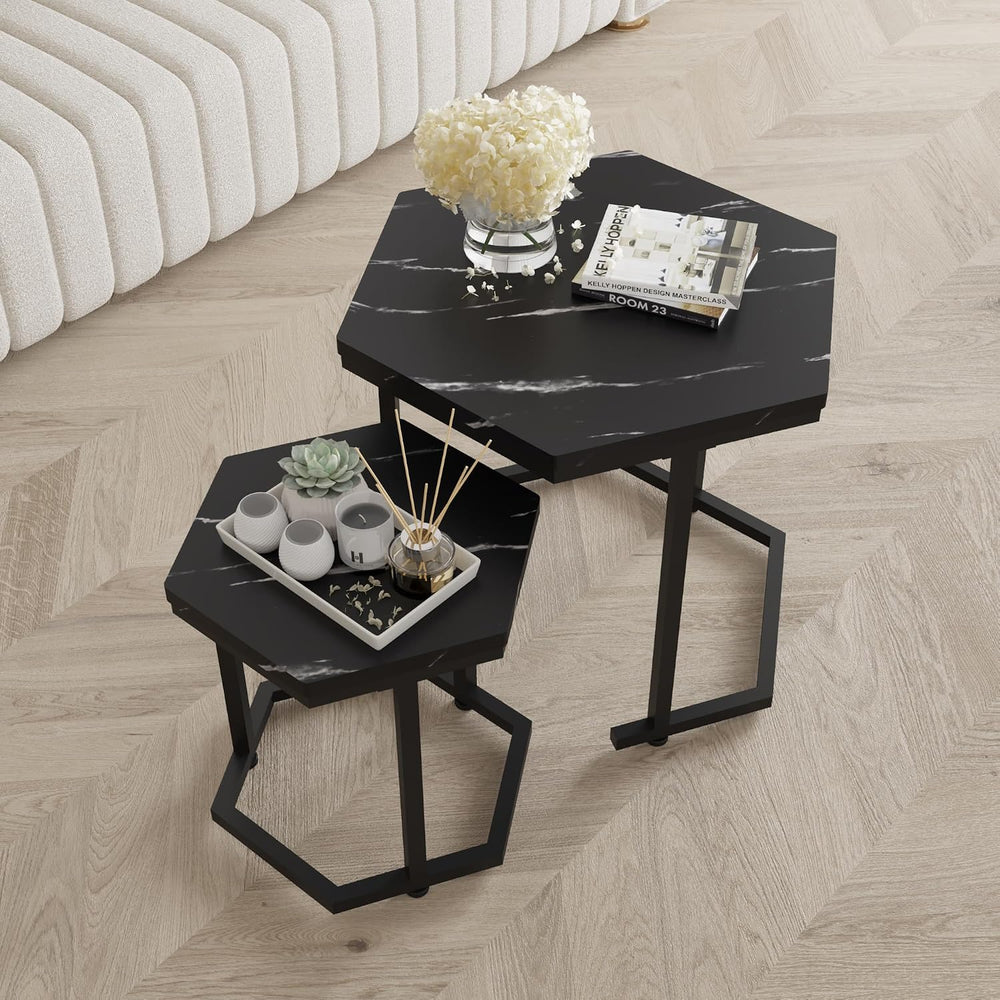 Hexagon Nesting Side Tables Set of 2, Black Marble | Space-saving hexagon nes...