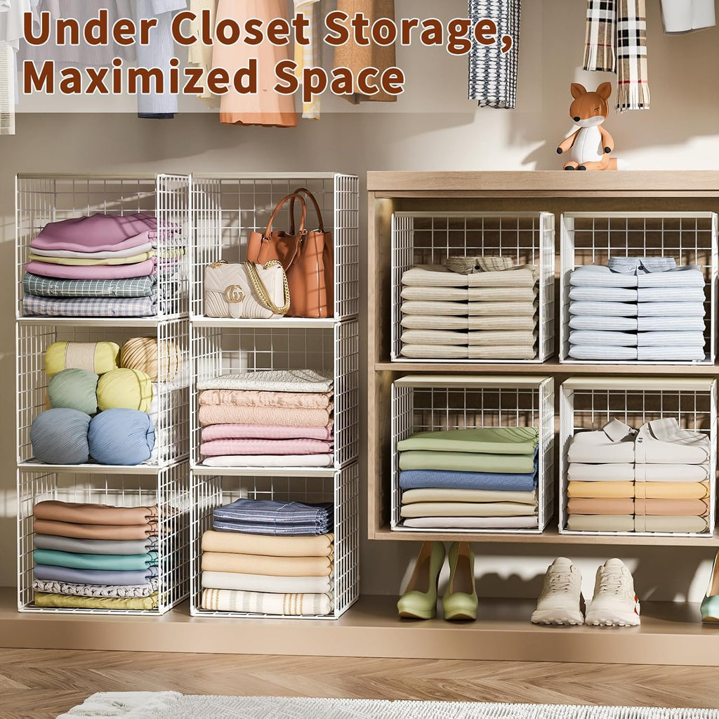 4 Pack Closet Organizers and Storage with Wood Top, Stackable Closet Shelf Organizer, Double Storage Design, Clothes Storage Basket/Cube Organizer for Wardrobe, Sturdy, White (Patent Pending) ﻿