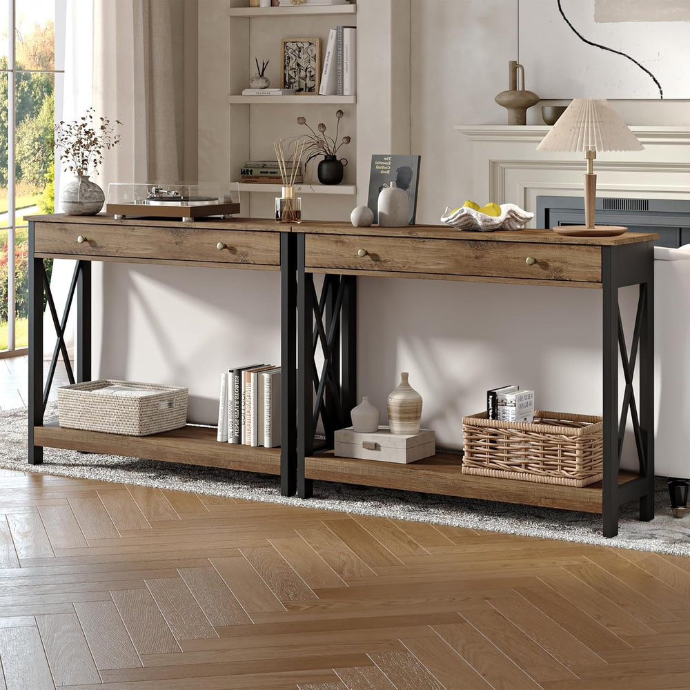 Treocho 40" Farmhouse Console Table with Drawer and Storage Shelves | En...