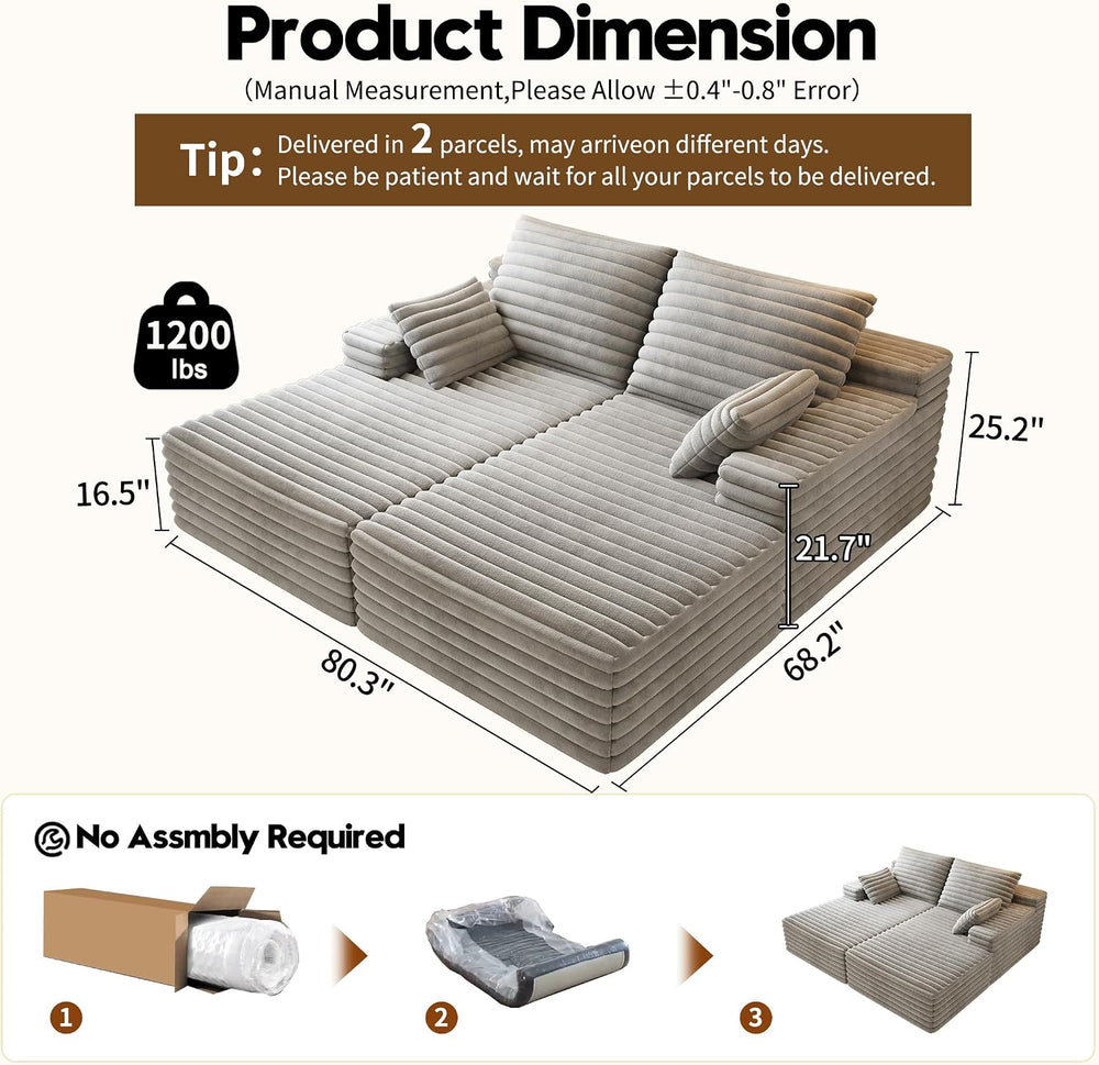 80" Oversized Double Chaise Lounge Chair, Plush Upholstered Sectional So...