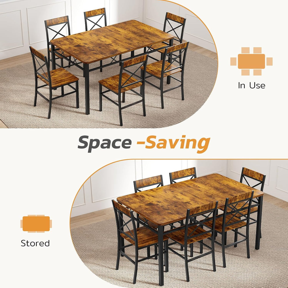 Zevemomo 7-Piece Dining Table Set, Kitchen Table Chairs Set of 6, Brown | Din...