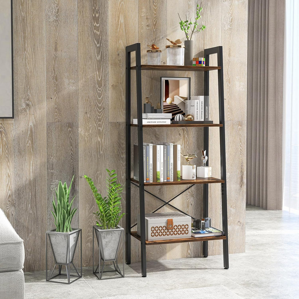 Vintage Ladder Shelf, 4/6 Tiers Wooden Industrial Storage Rack with Adjustable Footpads, Home Office Display Bookshelf Plant Stand for Living Room Bedroom (56 x 32 x 138 cm, Rustic Brown)