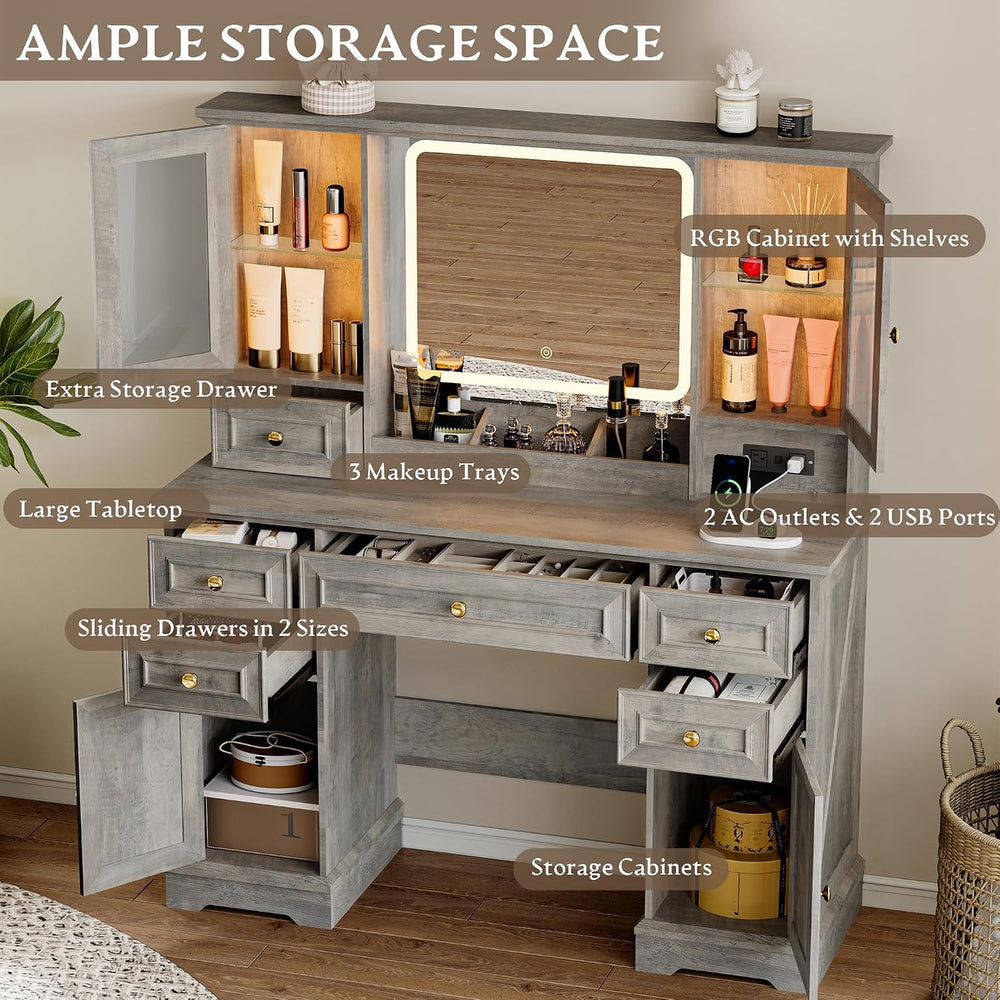 Xixini 43.3" Farmhouse Vanity Desk with LED Mirror, RGB Cabinets, Grey |...