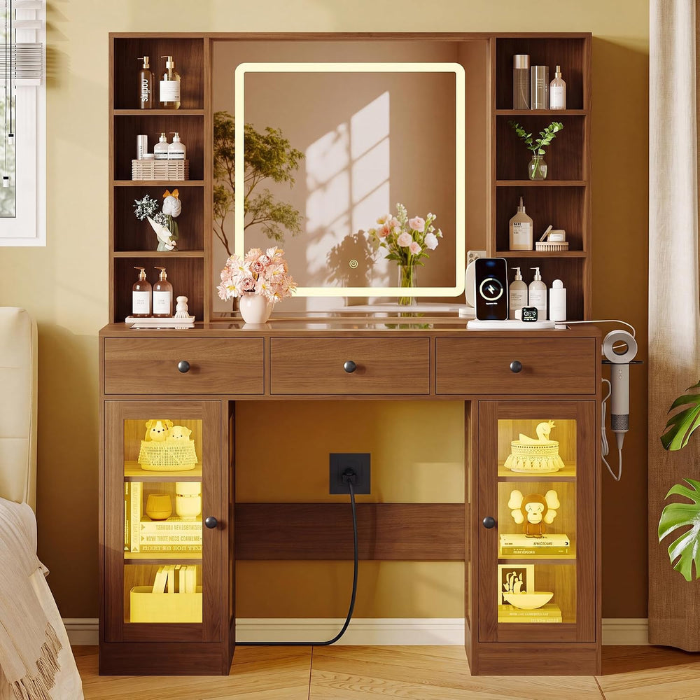 Xixini 43.4" Makeup Vanity Desk with LED Mirror, RGB Glass Cabinets, Wal...