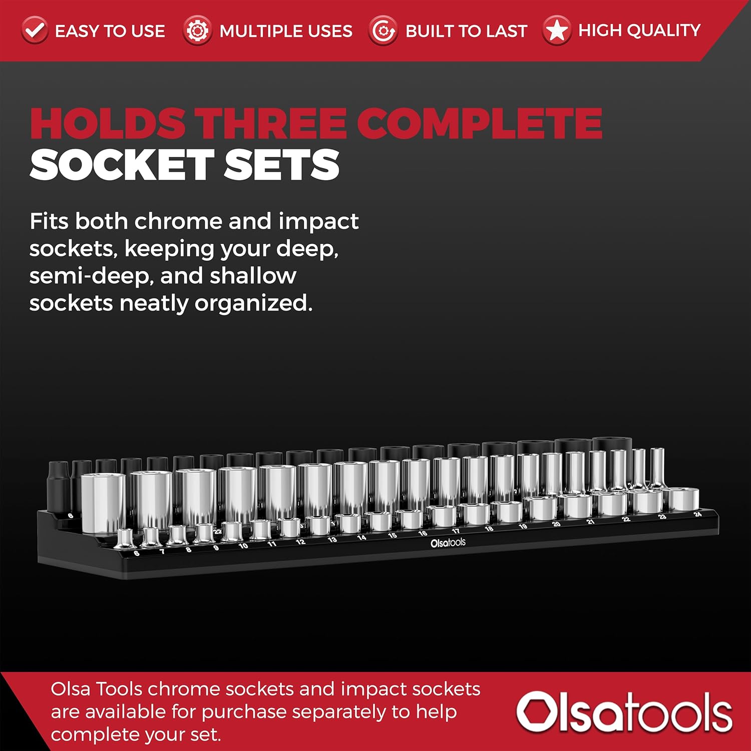 Olsa Tools Magnetic Socket Organizer (3/8-Inch Drive, 3 Row) - Magnetic Tool Organizer & Socket Holder - Tool Box Socket Organizers - Metric Black - Holds 54 Sockets - Professional Grade - Part: 1553