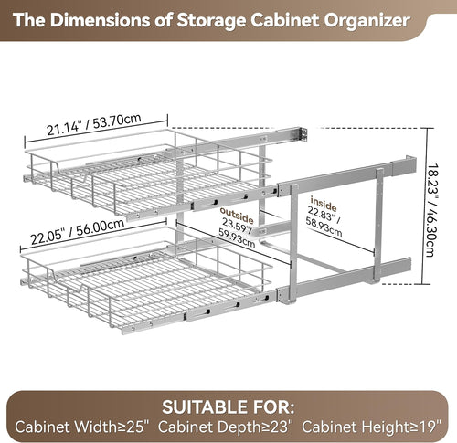 2 Tier Pull Out Cabinet Organizer 24" W X 22" D, Chromed, Full Slide Out | For Kitchen Organizers and Storage, Pull Out Drawers For Cabinets Capacity Heavy Duty Caddy, Cabinet Shelves, Bathroom Pantry