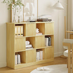 iPormis 12 Cube Bookcase with 6 Fluted Sliding Doors, 3 Tier Wooden Bookshelf, 47.2” Freestanding Cube Storage Organizer for Living Room, Office, Bedroom, Semi-Open Bookshelves, Natural