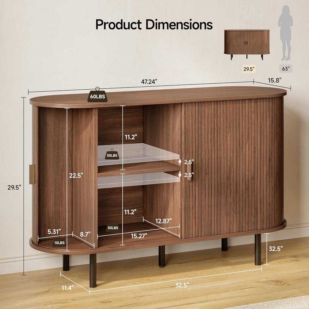 Buffet Sideboard Cabinet with Storage, 48" Fluted Cabinet with Sliding Door & Adjustable Shelf, Modern Accent Coffee Bar Console Table for Kitchen, Entryway, Walnut