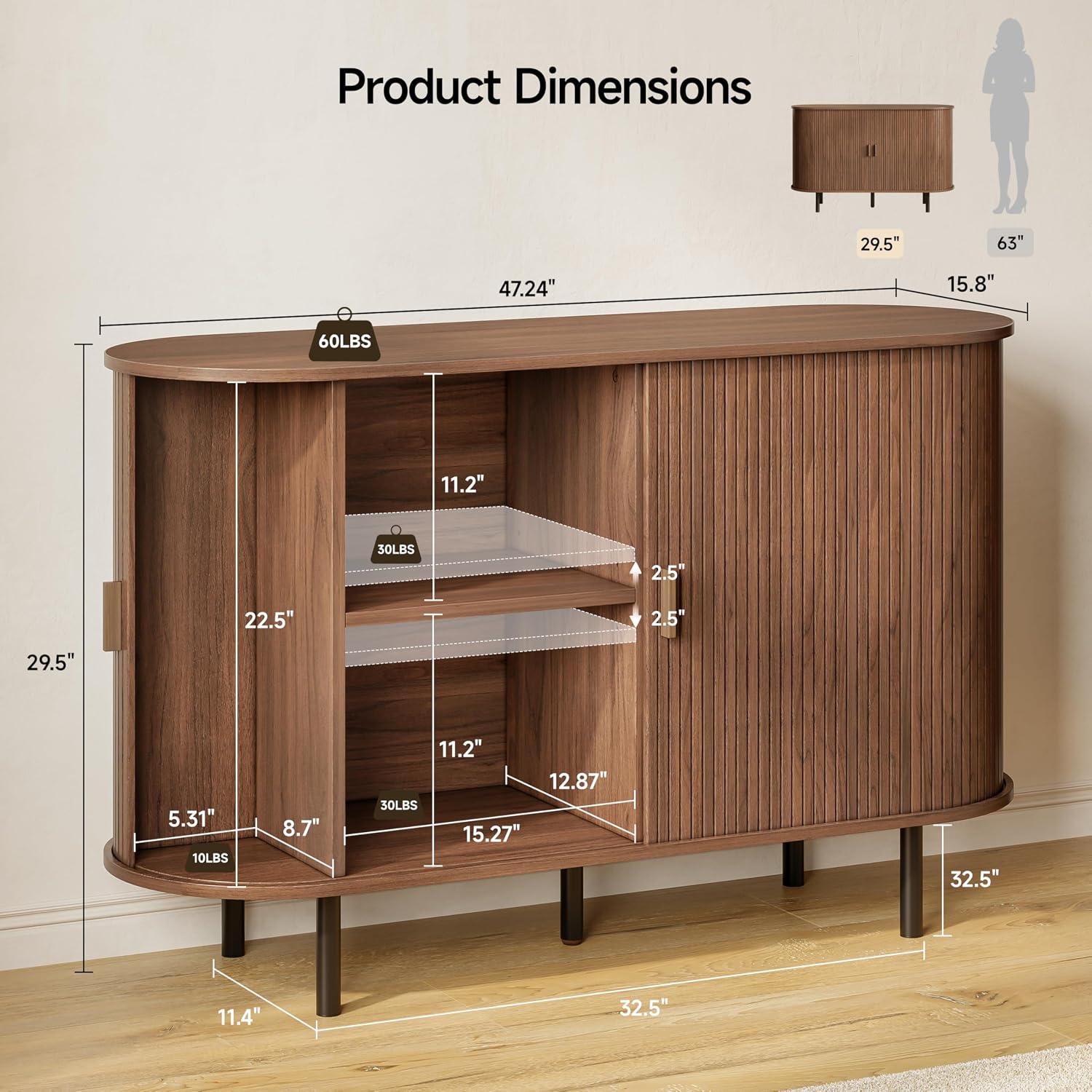 Buffet Sideboard Cabinet with Storage, 48" Fluted Cabinet with Sliding Door & Adjustable Shelf, Modern Accent Coffee Bar Console Table for Kitchen, Entryway, Walnut