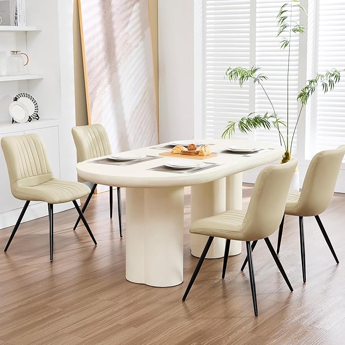 Dining Chairs Set of 6, Modern Dining Chairs with Thick Cushions, PU Leather Upholstered Kitchen Dining Room Chairs with Metal Legs for Dining Living Room (Khaki)