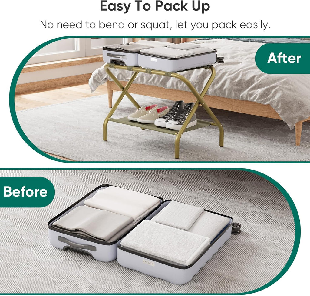 Smuxee Gold Luggage Rack, Foldable Suitcase Stand with Fabric Storage Shelf, Luggage Holder with 4 Nylon Straps for Guest Room Bedroom Hotel
