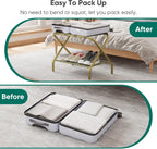 Smuxee Gold Luggage Rack, Foldable Suitcase Stand with Fabric Storage Shelf, Luggage Holder with 4 Nylon Straps for Guest Room Bedroom Hotel